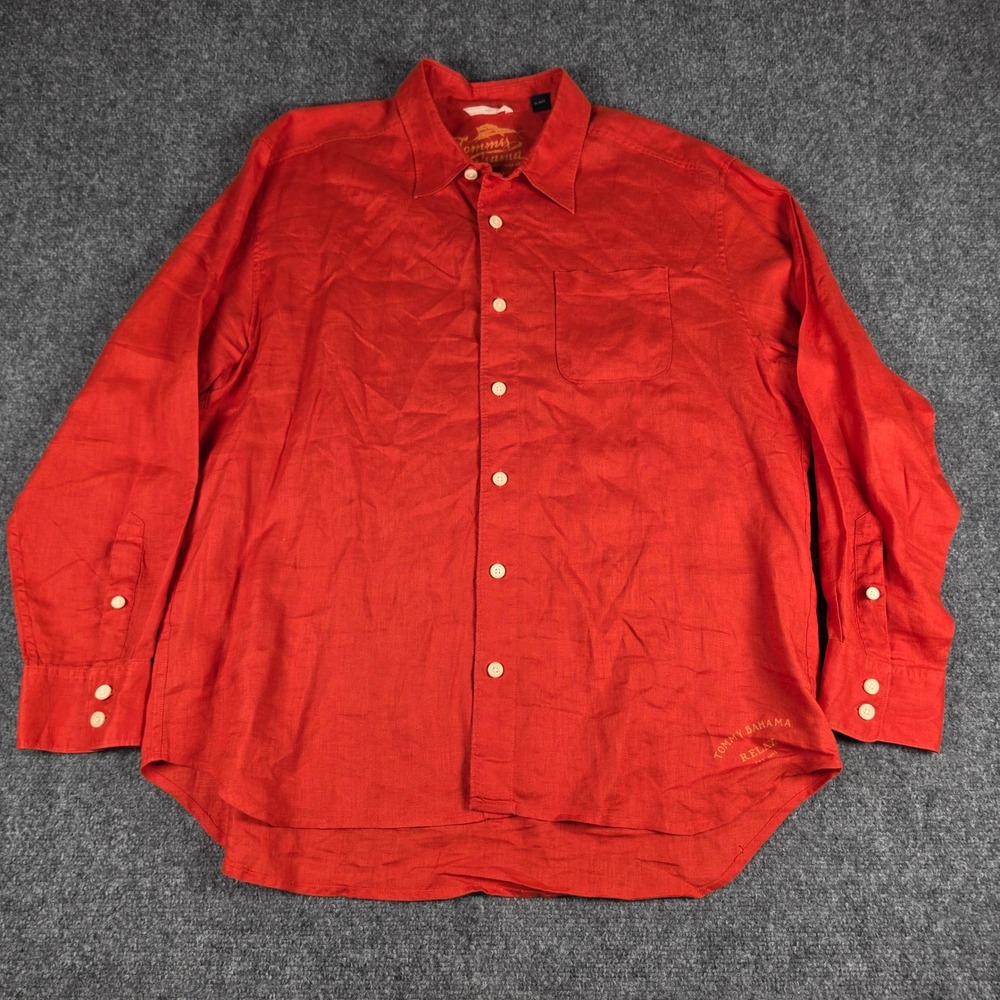 Tommy Bahama Button Up Shirt Mens XL Red/Orange 100% Linen Long Sleeve - Picture 2 of 6